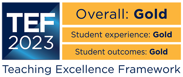 The TEF 2023 logo with text alongside stating Overall: Gold, Student experience: Gold, Student outcomes: Gold and Teaching Excellence Framework below